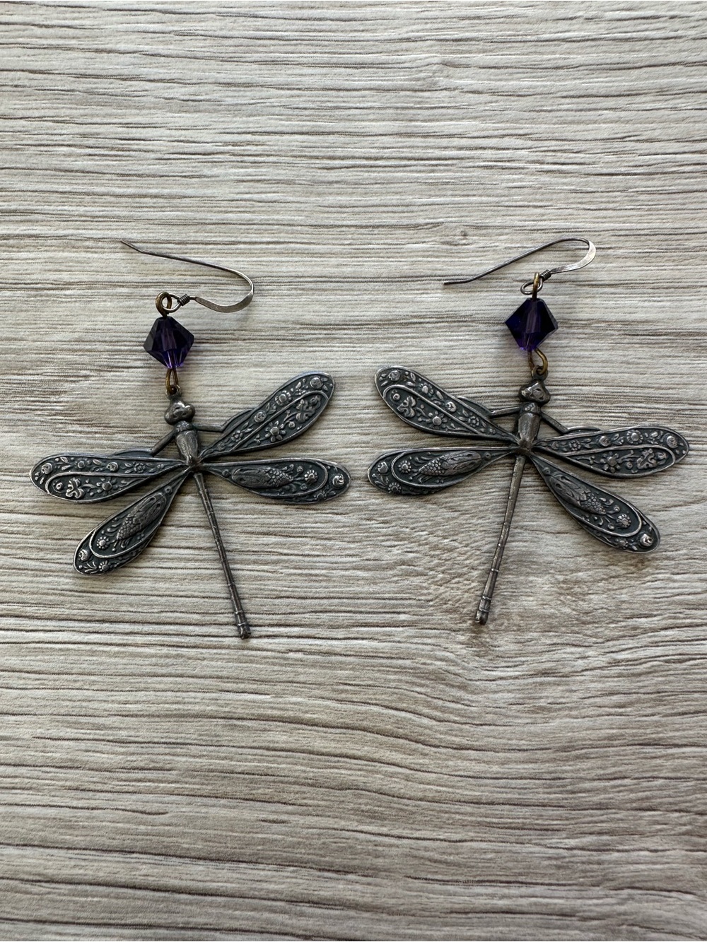 Dragonfly Drop Earrings with Purple Crystal Accent Pewter-like Patina Damselfly